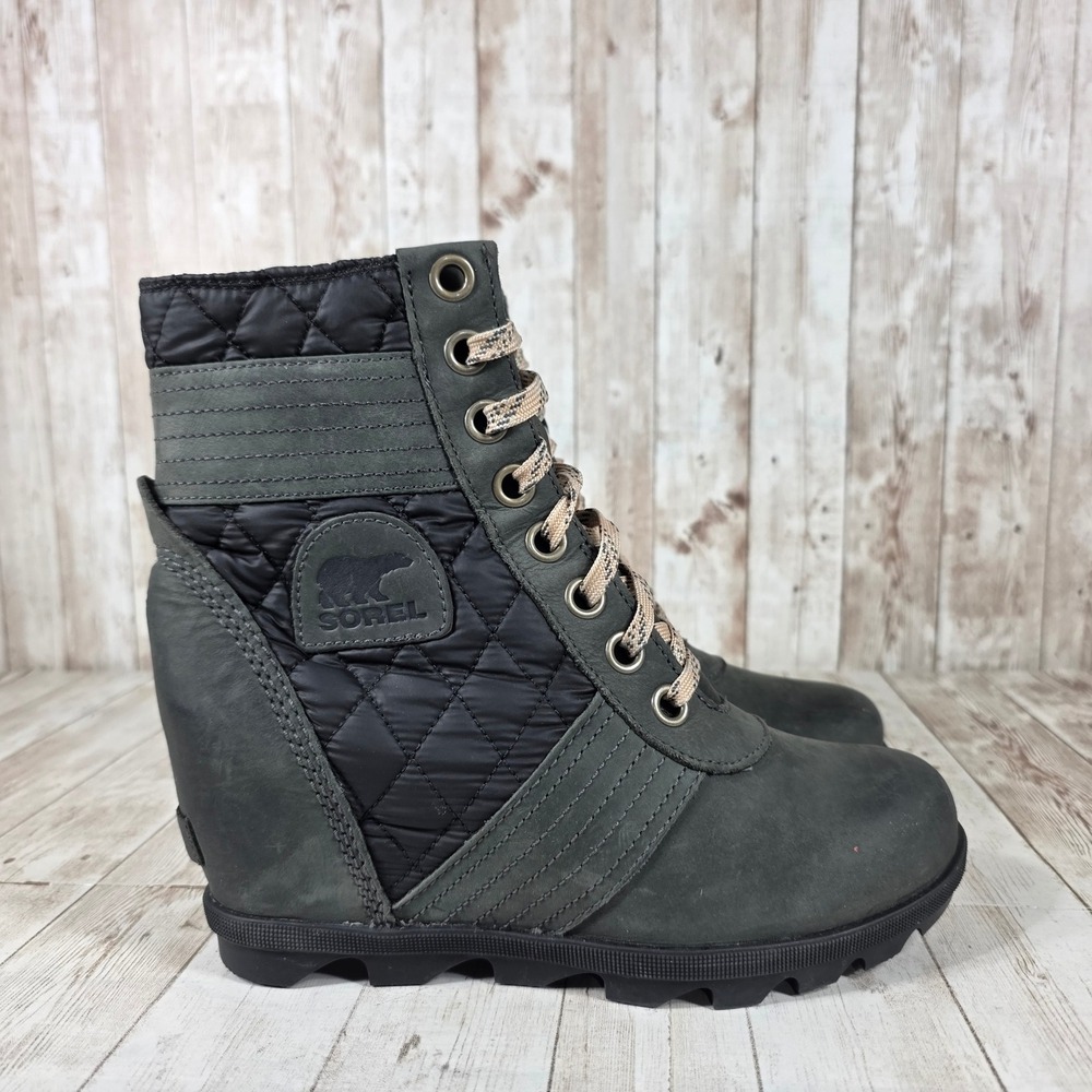 Sorel Women's Wedge Combat Boots Grey Quilted Side Lace‎ Up Waterproof Size 8